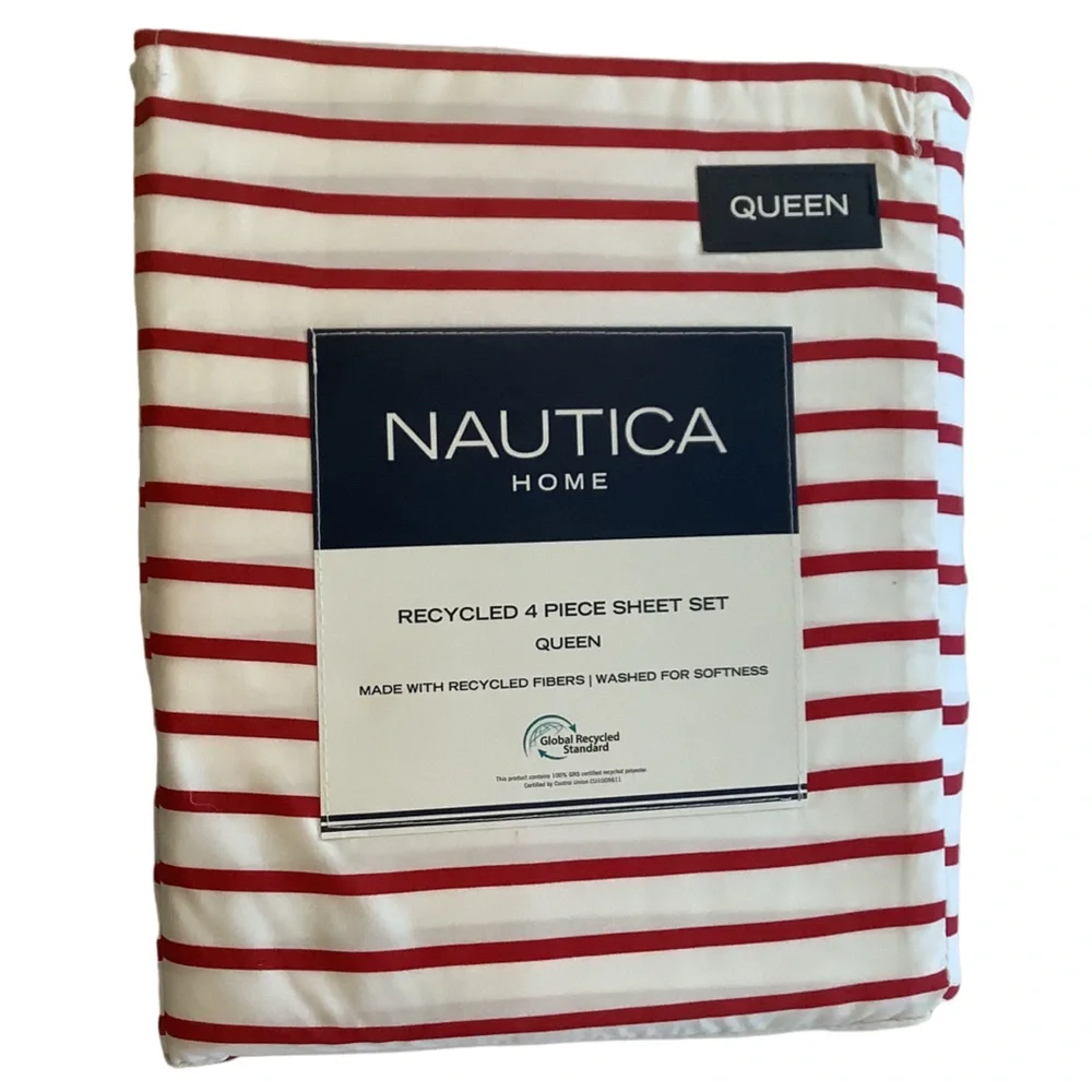 Nautica Home Red & White Handsome Stripe Print Queen Sheet Set New